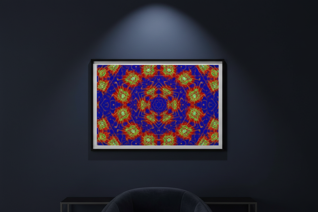 CHROMATIC PULSE MANDALA Premium Kunstprint als gerahmtes Poster an dunkler Wand mit dramatischem Spotlight