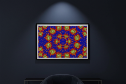 CHROMATIC PULSE MANDALA Premium Kunstprint als gerahmtes Poster an dunkler Wand mit dramatischem Spotlight