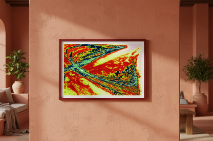 ABSTRAKTE HITZEWELLE Premium Kunstprint als gerahmtes Poster an warmer Terrakotta-Wand mit mediterranem Ambiente