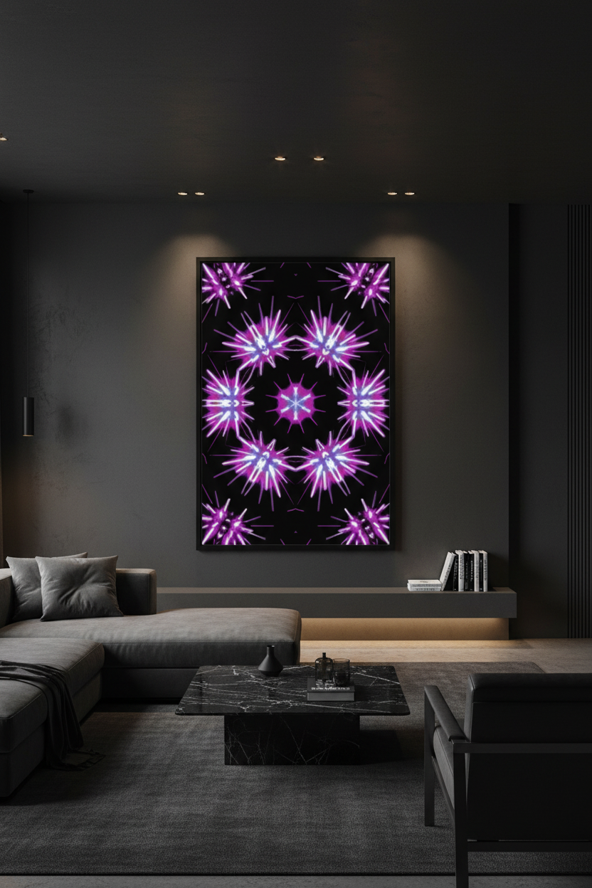 COSMIC BLOOM — Premium Kunstprint im dunklen Luxus-Wohnzimmer, Raum-Mockup Hochformat