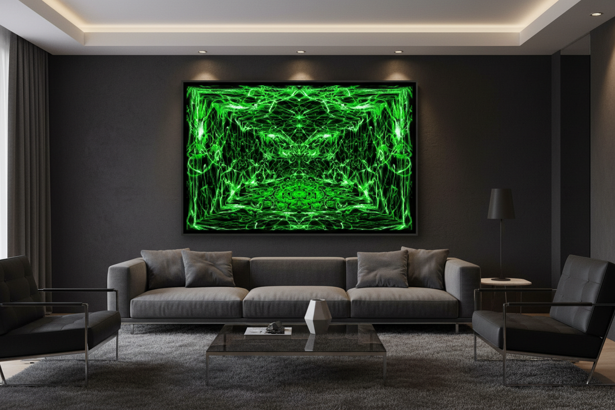 NEON VELOCITY — Premium Kunstprint im dunklen Luxus-Wohnzimmer, Raum-Mockup