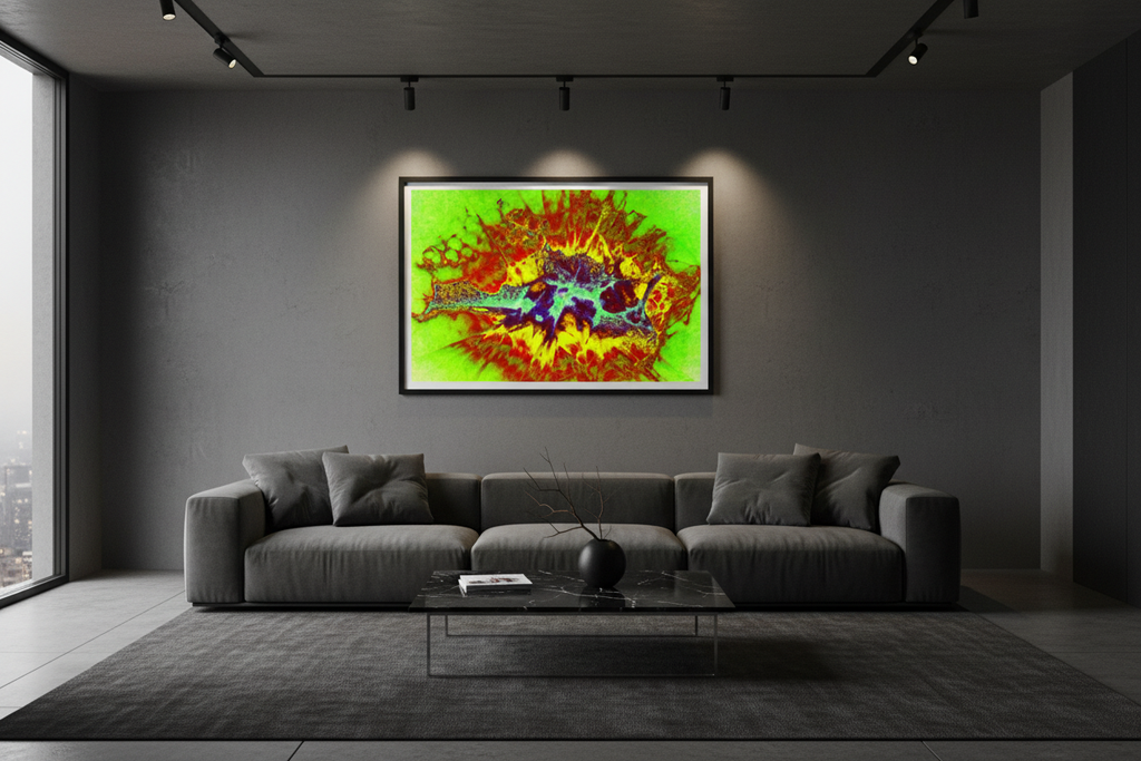 SOLAR BURST — Premium Kunstprint im Raum, dunkles Galerie-Interieur, Wandbild Mockup